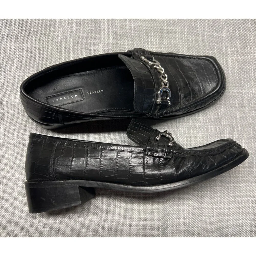 Topshop Womens Horse Bit Croc Embossed Black Heeled Leather Loafers Size 41 10.5